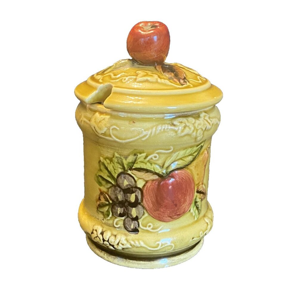 Vintage Lefton‎ Green Apple Jam Sauce Jar Pot w/ Lid & Japan Marked Spoon #4127